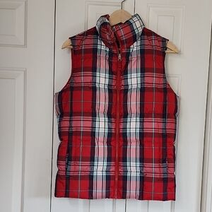 Lands End Red Plaid Quilted Down Puffer Vest Zippered-Front Women's Size XS